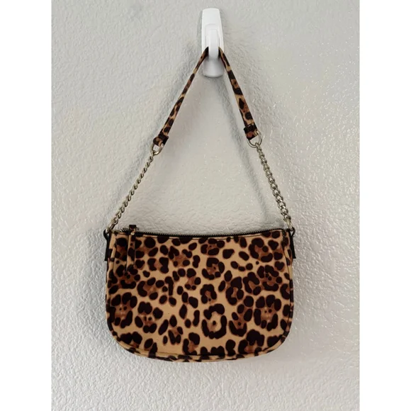Y2K Leopard Print Shoulder Bag Gold Chain Strap Mini Baguette Purse EUC Retro - Picture 3 of 5
